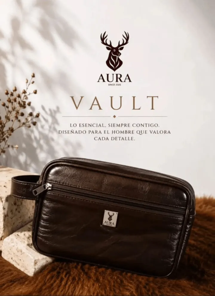 Neceser de cuero AURA VAULT en ónix sobre superficie clara, con luz de ventana que revela el poro natural del cuero.